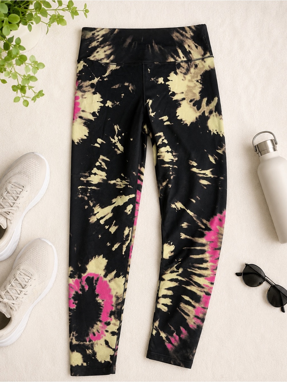 Tie-Dye Active Leggings - Black, Pink & Cream